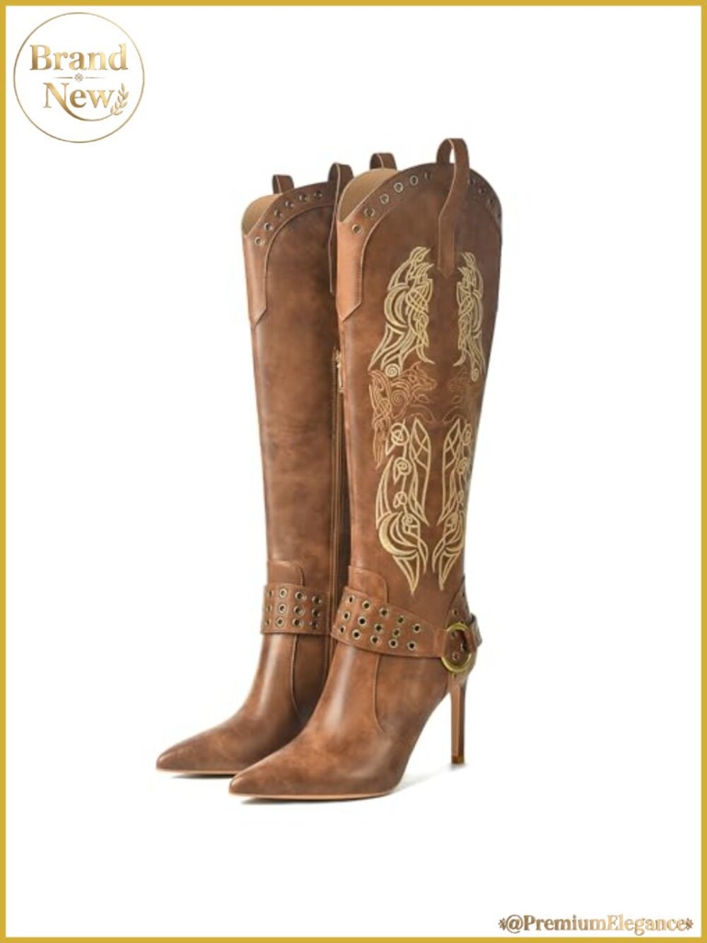 Knee High Cowgirl Boots Embroidered Stiletto Heel Pointed Toe Side Zipper